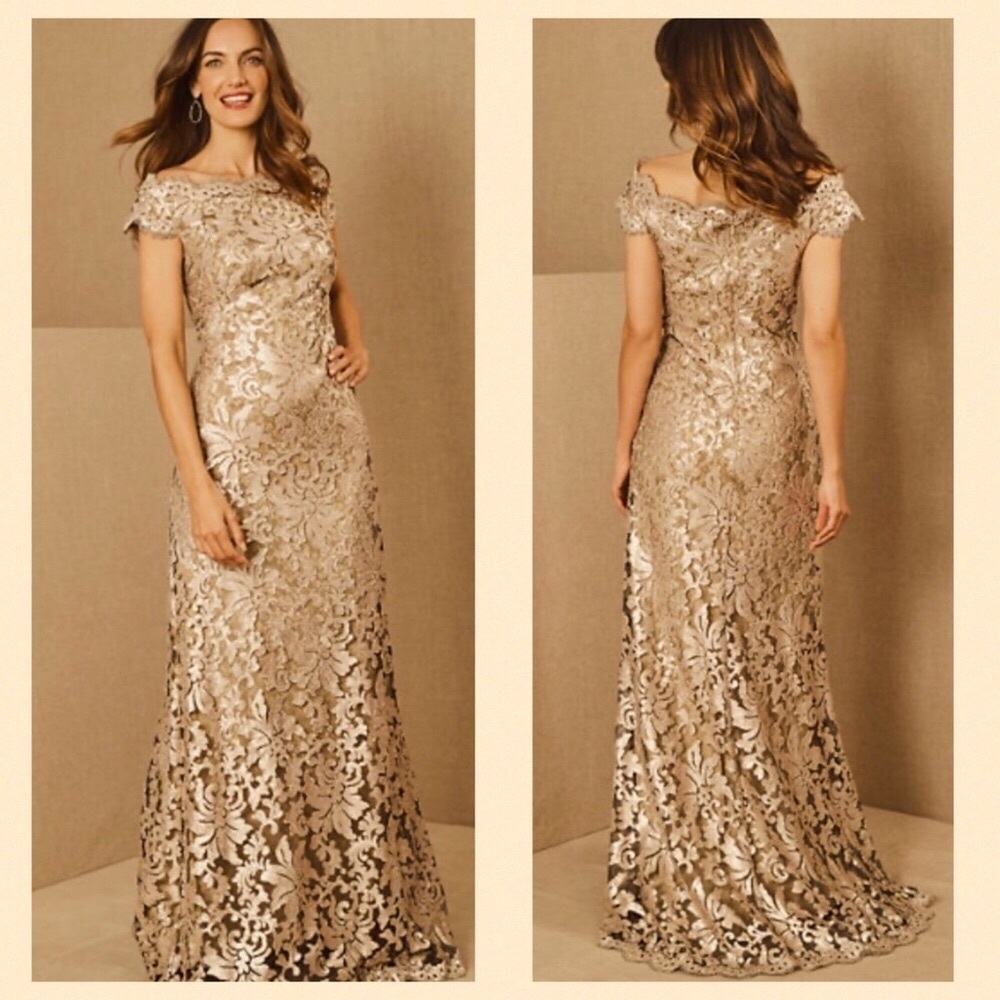 Tadashi Shoji x BHLDN Odette 4 & 10 Gold Green Sequin Lace Maxi Gown - Picture 11 of 13